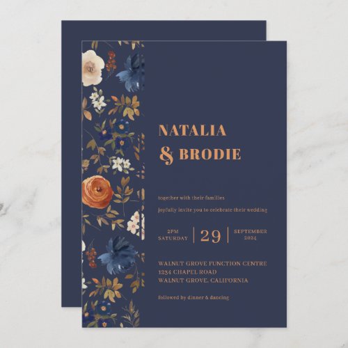 Boho Floral Blue Rust Wedding  Invitation