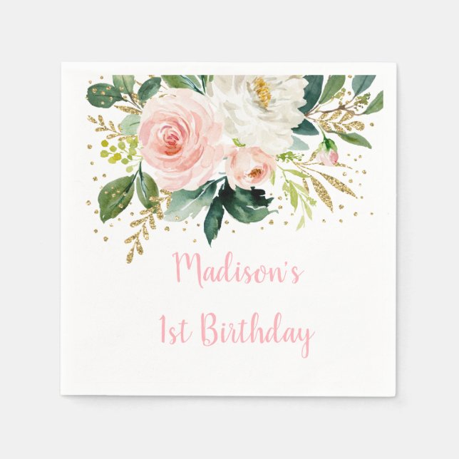Boho Floral Blush Gold Birthday Napkins (Front)