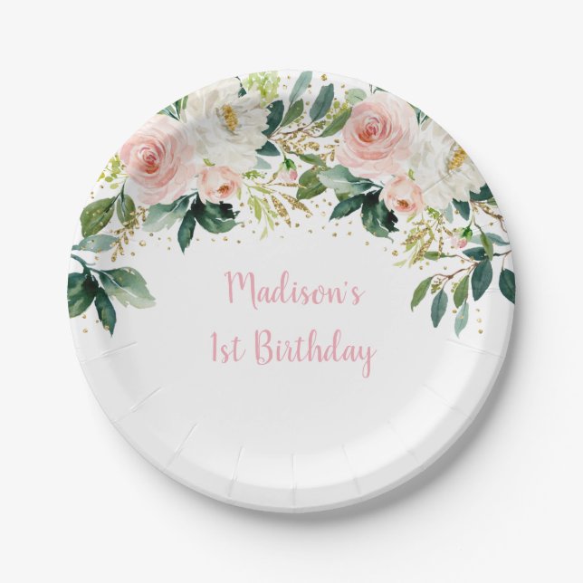 Boho Floral Blush Gold Birthday Paper Plates (Front)