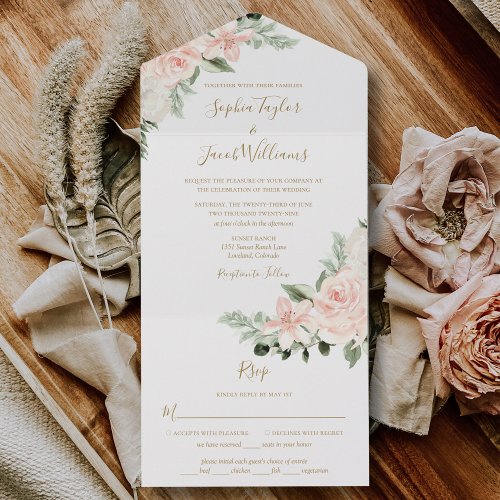 Boho Floral Blush Pink and Sage Green Wedding All In One Invitation