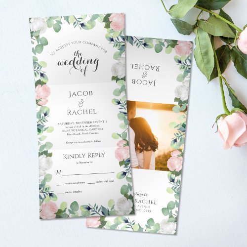 Boho Floral Blush Pink Roses Greenery Wedding Tri_Fold Invitation