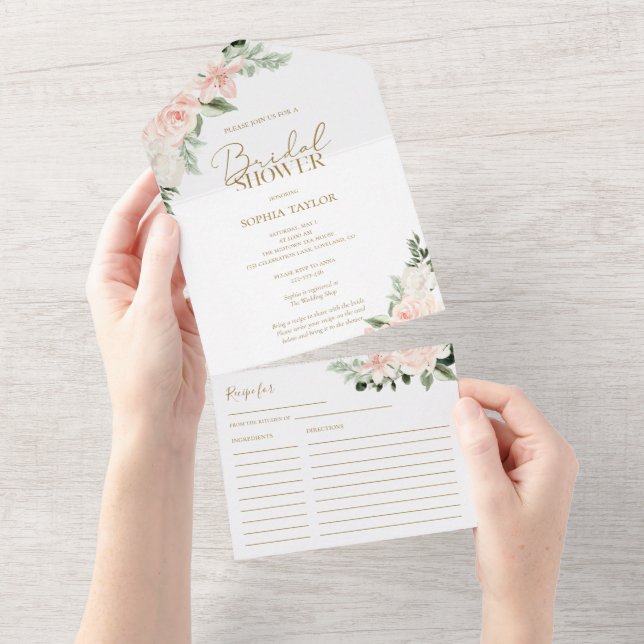 Boho Floral Blush Pink Sage Green Bridal Shower All In One Invitation (Tearaway)