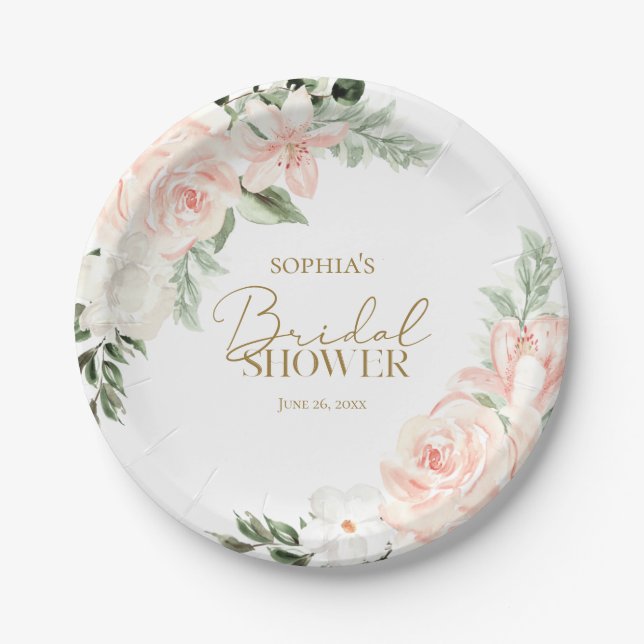 Boho Floral Blush Pink Sage Green Bridal Shower Paper Plates (Front)