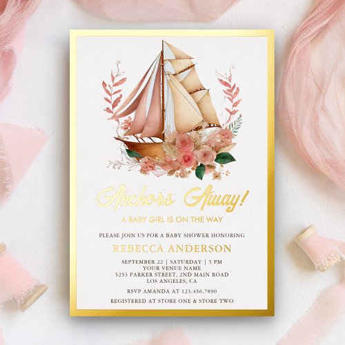Boho Floral Boat Nautical Girl Baby Shower Gold Foil Invitation