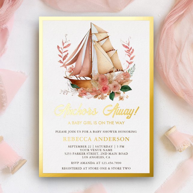 Boho Floral Boat Nautical Girl Baby Shower Gold Foil Invitation (Creator Uploaded)