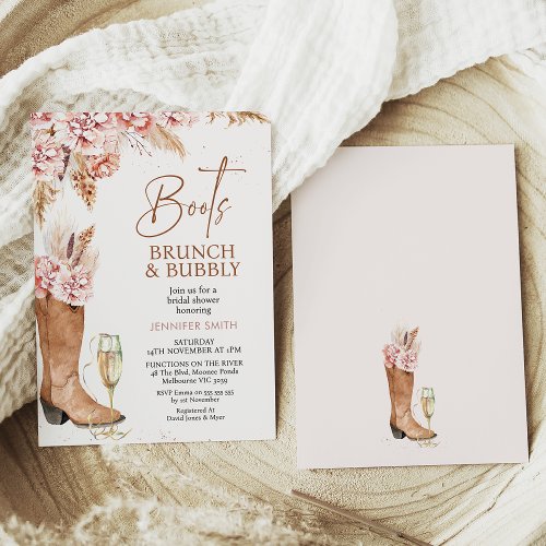 Boho Floral Boots Brunch Bubbly Bridal Shower Invitation
