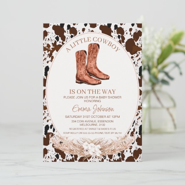 Boho Floral Boots Cowboy Cowhide Baby Shower Invitation (Standing Front)