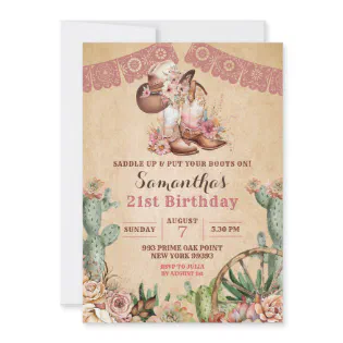 Boho Floral Boots Cowgirl Birthday Invitation