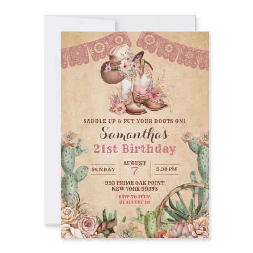Boho Floral Boots Cowgirl Birthday Invitation
