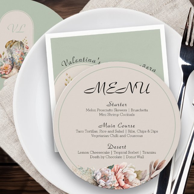 Boho Floral Boots Neutral Sage Green Menu (Editable Menu from my Boho Floral Cowgirl Boots Quinceanera Collection)