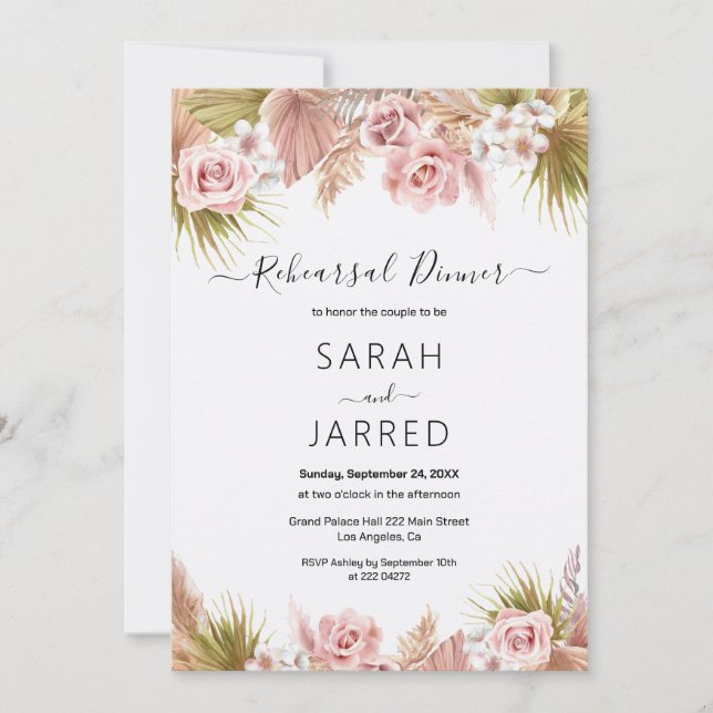 Boho Floral Border Rehearsal   Invitation (Front)