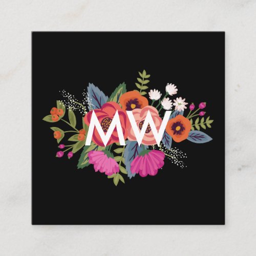 Boho Floral Bouquet Black Background Monogram Square Business Card