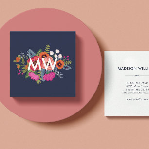 Boho Floral Bouquet - Navy Blue - Monogram Square Business Card