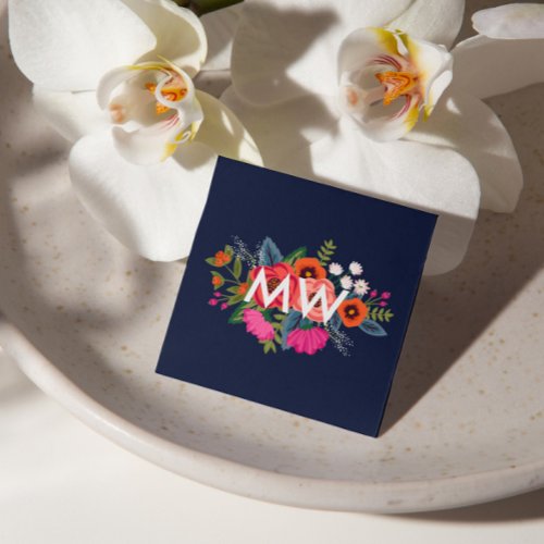 Boho Floral Bouquet _ Navy Blue _ Monogram Square Business Card