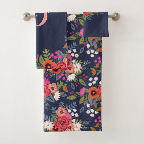 Boho Floral Bouquet _ Navy Blue  Pink Monogram Bath Towel Set
