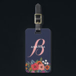 Boho Floral Bouquet - Navy Blue & Pink Monogram Luggage Tag<br><div class="desc">Monogrammed luggage tag in navy blue with your monogram in pink and white atop a floral arrangement of roses,  pansies,  and daisies in pink,  orange,  red,  and white.</div>