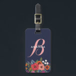 Boho Floral Bouquet - Navy Blue & Pink Monogram Luggage Tag<br><div class="desc">Monogrammed luggage tag in navy blue with your monogram in pink and white atop a floral arrangement of roses,  pansies,  and daisies in pink,  orange,  red,  and white.</div>