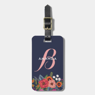 Boho Floral Bouquet - Navy Blue & Pink Monogram Luggage Tag
