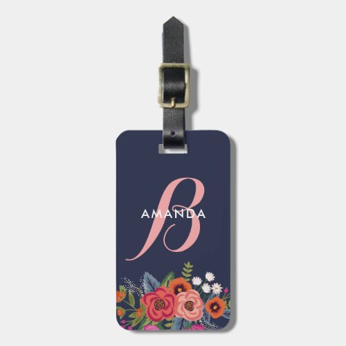 Boho Floral Bouquet _ Navy Blue  Pink Monogram Luggage Tag