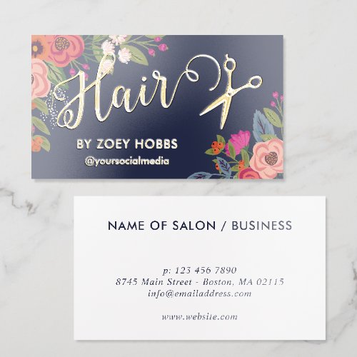 Boho Floral Bouquets - Navy Blue Gold Hair Stylist Foil Business Cards