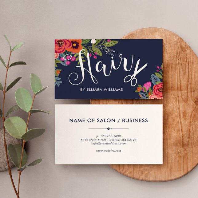 Boho Floral Bouquets - Navy Blue Hair Stylist Business Card (Creator Uploaded)
