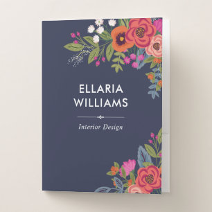 Boho Floral Bouquets - Navy Blue - Name Pocket Folder