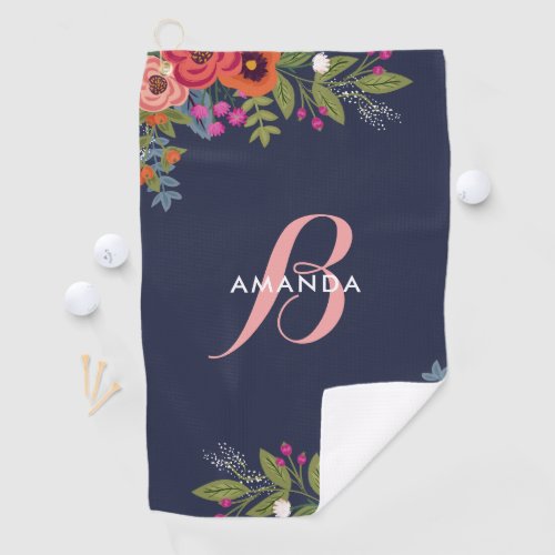 Boho Floral Bouquets _ Navy Blue  Pink Monogram Golf Towel