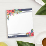 Boho Floral Bouquets - Navy Blue & White - Name Notepad<br><div class="desc">Personalized notepad with beautiful bouquets of boho flowers in two of the corners. Add your name in modern white letters against navy blue.</div>