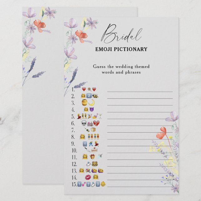 Boho floral bridal shower emoji pictionary game (Front/Back)