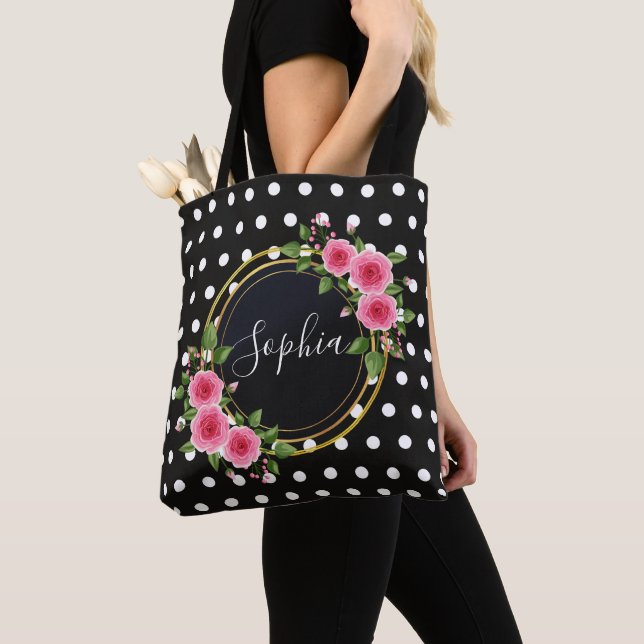 Boho floral Bridesmaid Personalized Black Tote Bag (Close Up)