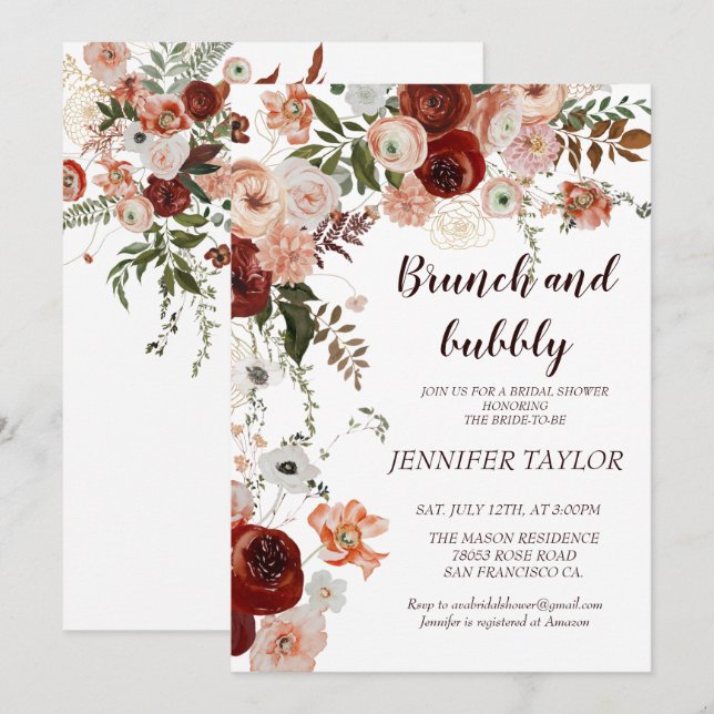Boho Floral Brunch and bubbly bridal shower Invitation (Front/Back)