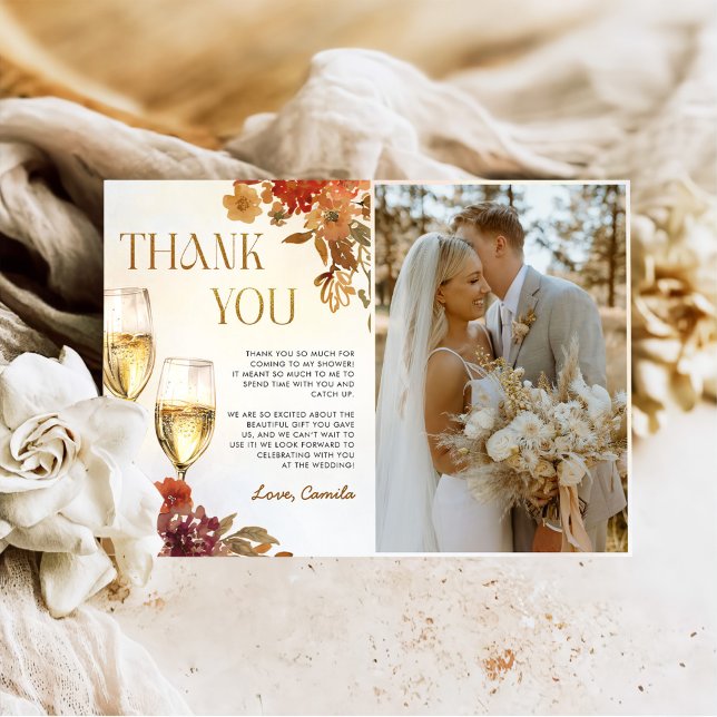 Boho Floral Brunch and Bubbly Bridal Shower Photo Thank You Card (Creator Uploaded)