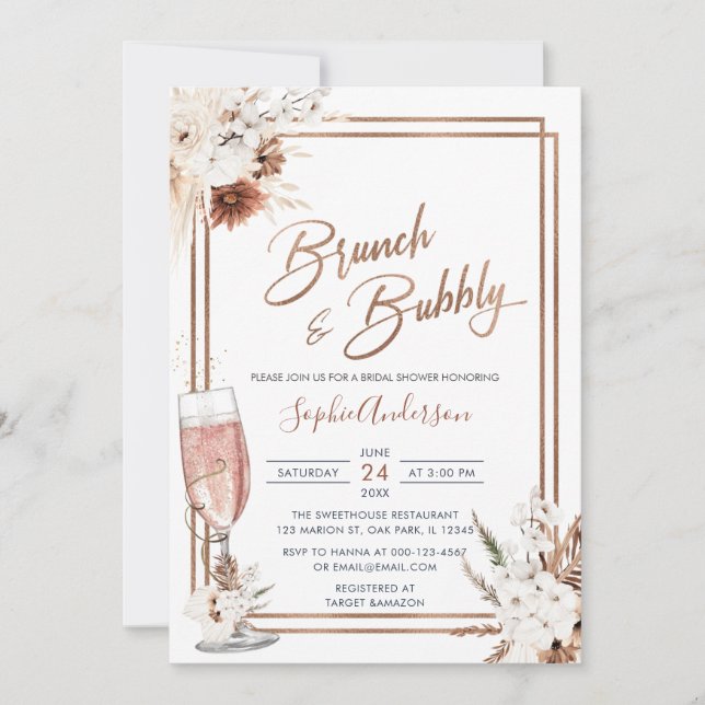 Boho Floral Brunch & Bubbly Bridal Shower Invitation (Front)