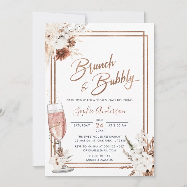 Boho Floral Brunch & Bubbly Bridal Shower Invitation (Front)