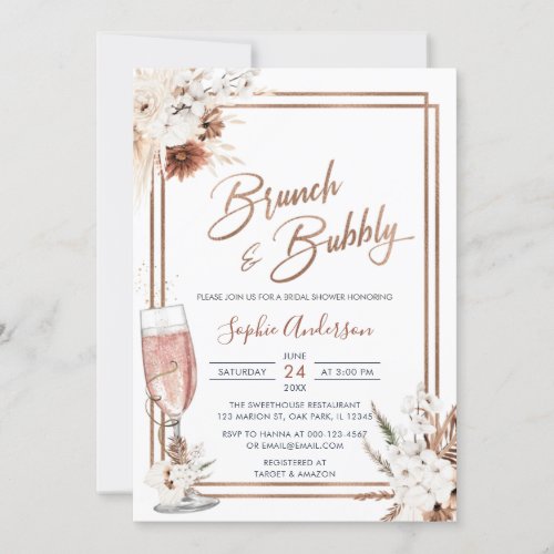 Boho Floral Brunch  Bubbly Bridal Shower Invitation