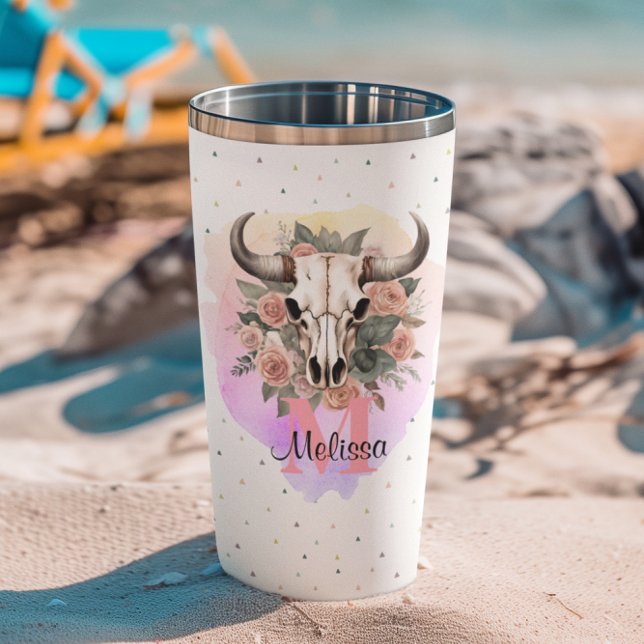 Boho Floral Bull Cow Skull Monogram Pretty Western Insulated Tumbler (Boho Western Cow Skull Floral Monogram Travel Coffee Mug)