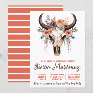 Boho Floral Bull Skull Baby Shower Invitation