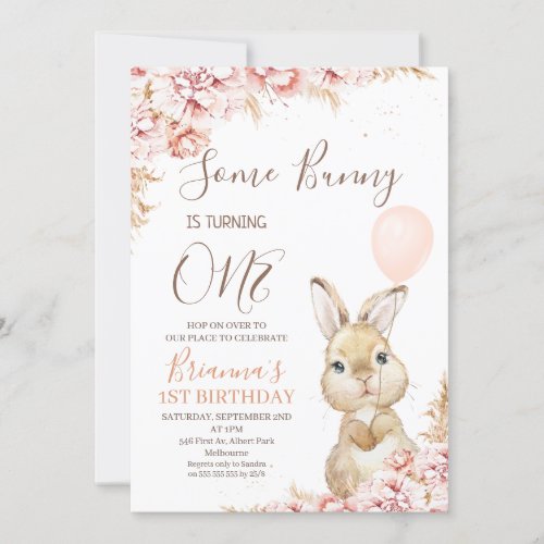 Boho Floral Bunny Balloon 1st Birthday Invitation