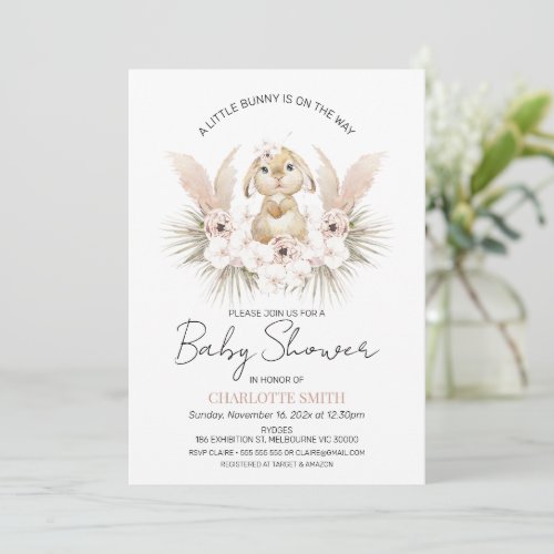 Boho Floral Bunny Rabbit Baby Shower Invitation