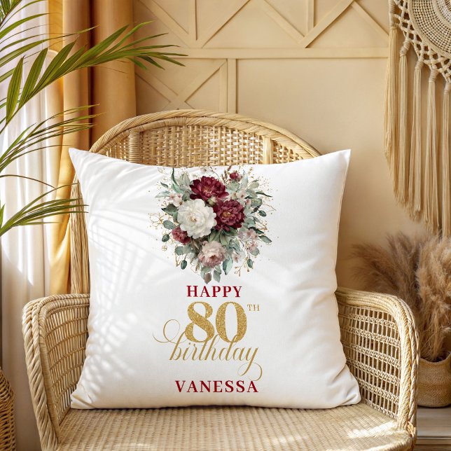 Boho Floral Burgundy 80th Birthday Gift Throw Pillow (Boho Floral Burgundy 80th Birthday Gift)