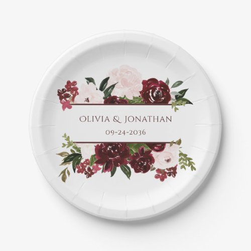 Boho Floral Burgundy and Blush Elegant Wedding Paper Plates