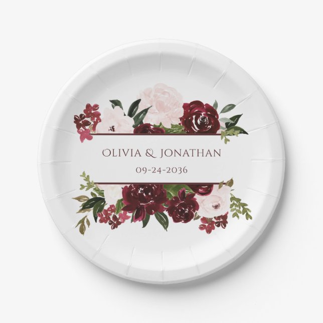 Boho Floral Burgundy and Blush Elegant Wedding Paper Plates (Front)