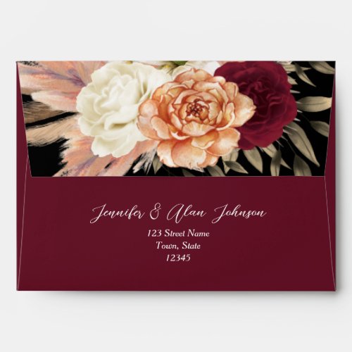 Boho Floral Burgundy Black Wedding Envelope