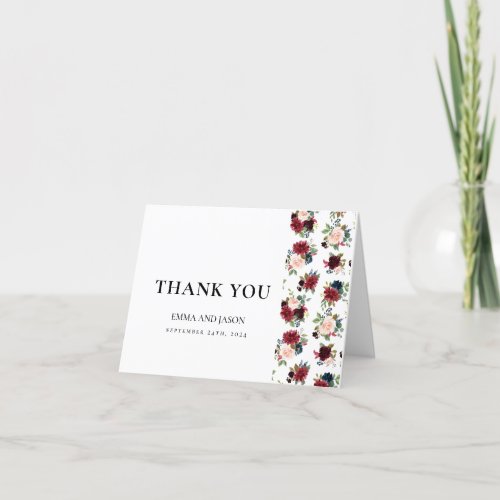 Boho Floral Burgundy Blush Wedding Thank You Card