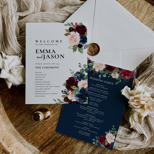 Boho Floral Burgundy Navy Wedding Program  (Creator Uploaded)