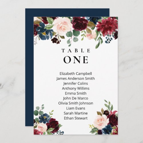 Boho Floral Burgundy Wedding seating charts card