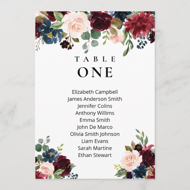 Boho Floral Burgundy Wedding seating charts card (Front)