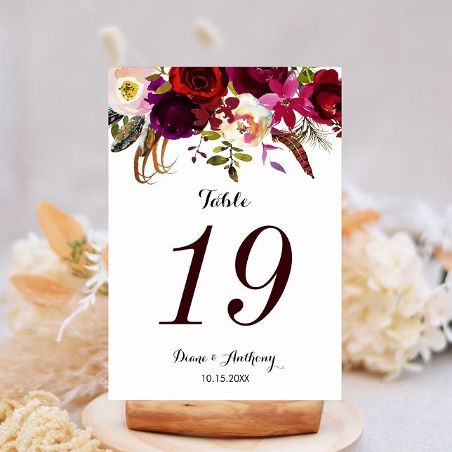 Boho Floral Burgundy Wedding Table Number (Creator Uploaded)