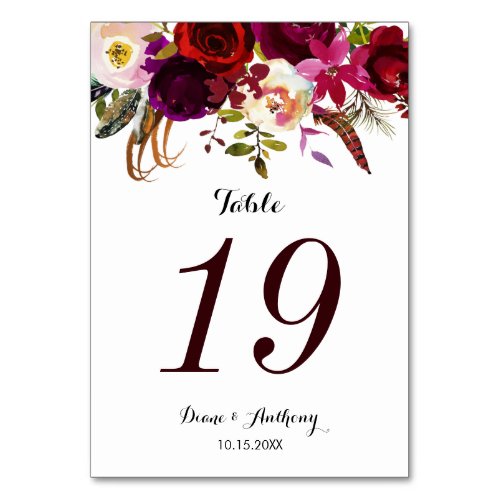 Boho Floral Burgundy Wedding Table Number