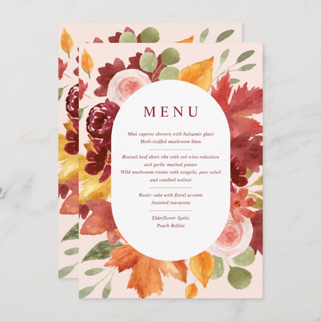Boho Floral Burgundy Wedding Table Number Menu (Front/Back)